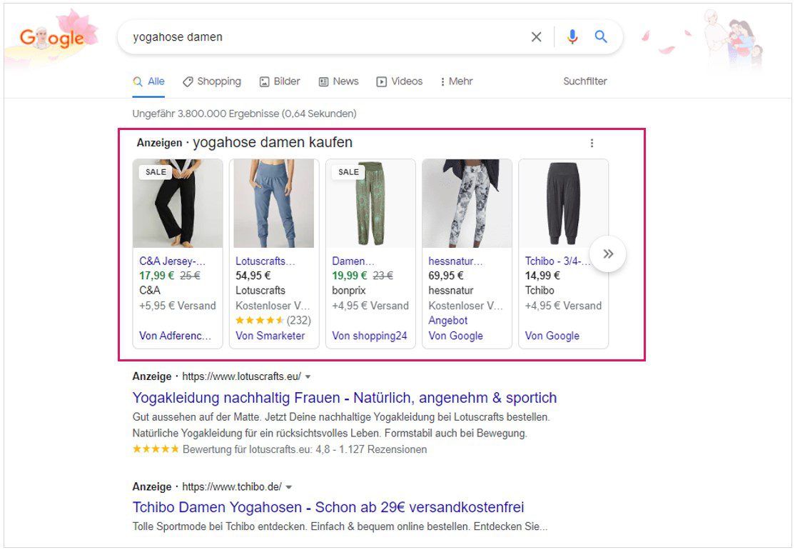 Im Bild sind Google Shopping Ads in den Google Suchergebnissen für das Keywords Yogahose Damen zu sehen