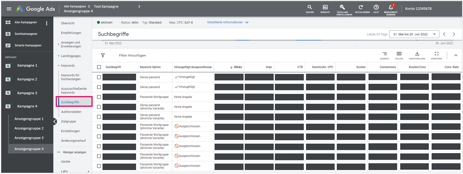 Im Bild ist zu sehen wo man die Suchbegriffe für eine Anzeigengruppe in Google Ads findet