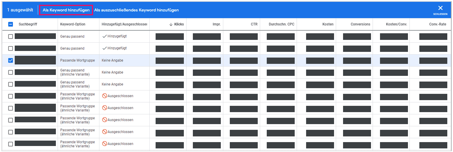 Im Bild ist zu sehen wie Suchbegriffe in Google Ads hinzugefügt werden können